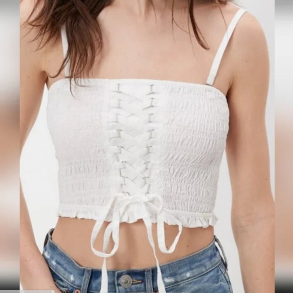American Eagle White Crop Top Corset Smocked Size Small